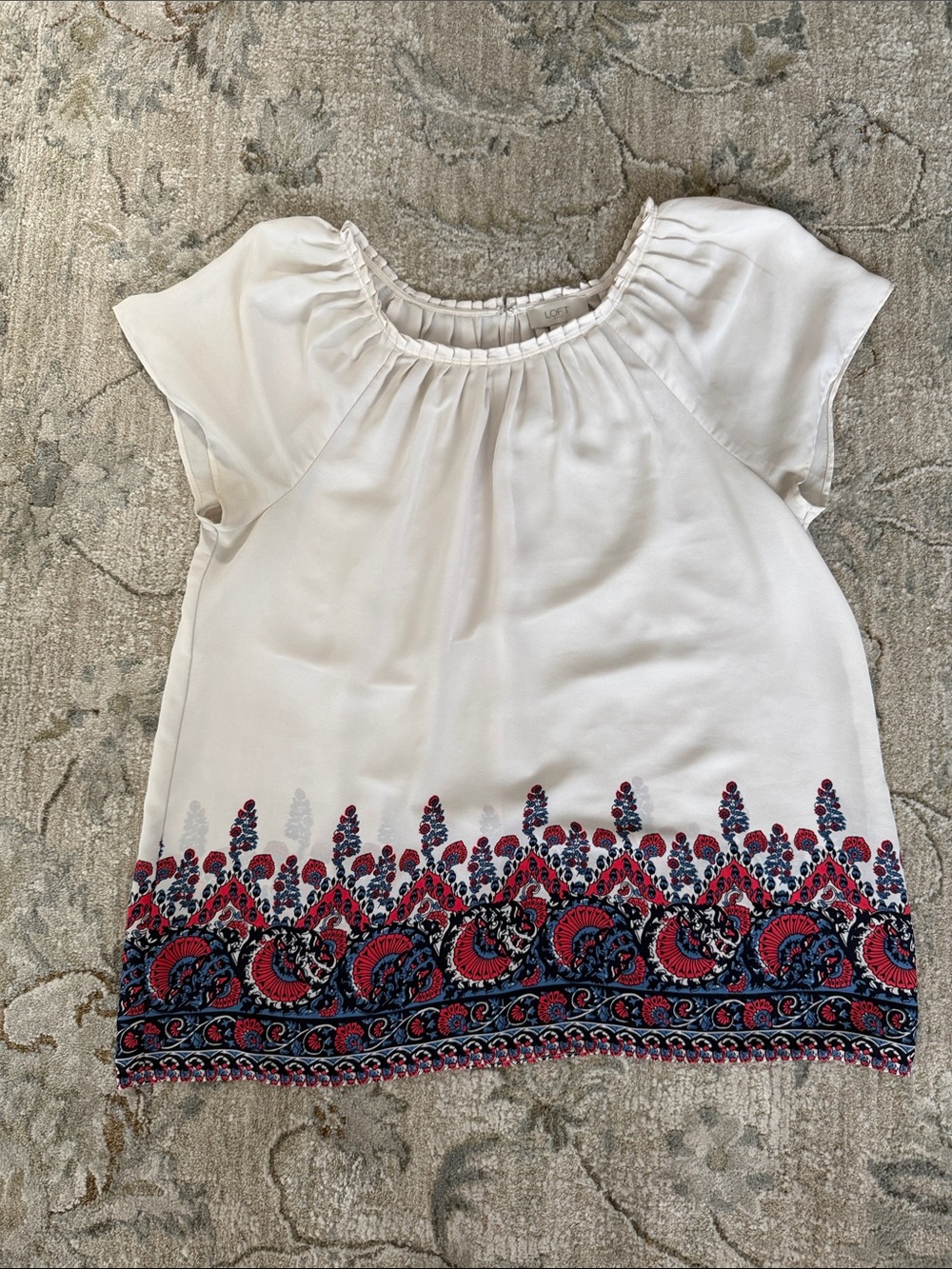 LOFT Cream Short-Sleeve Blouse with Pink & Navy Border Print